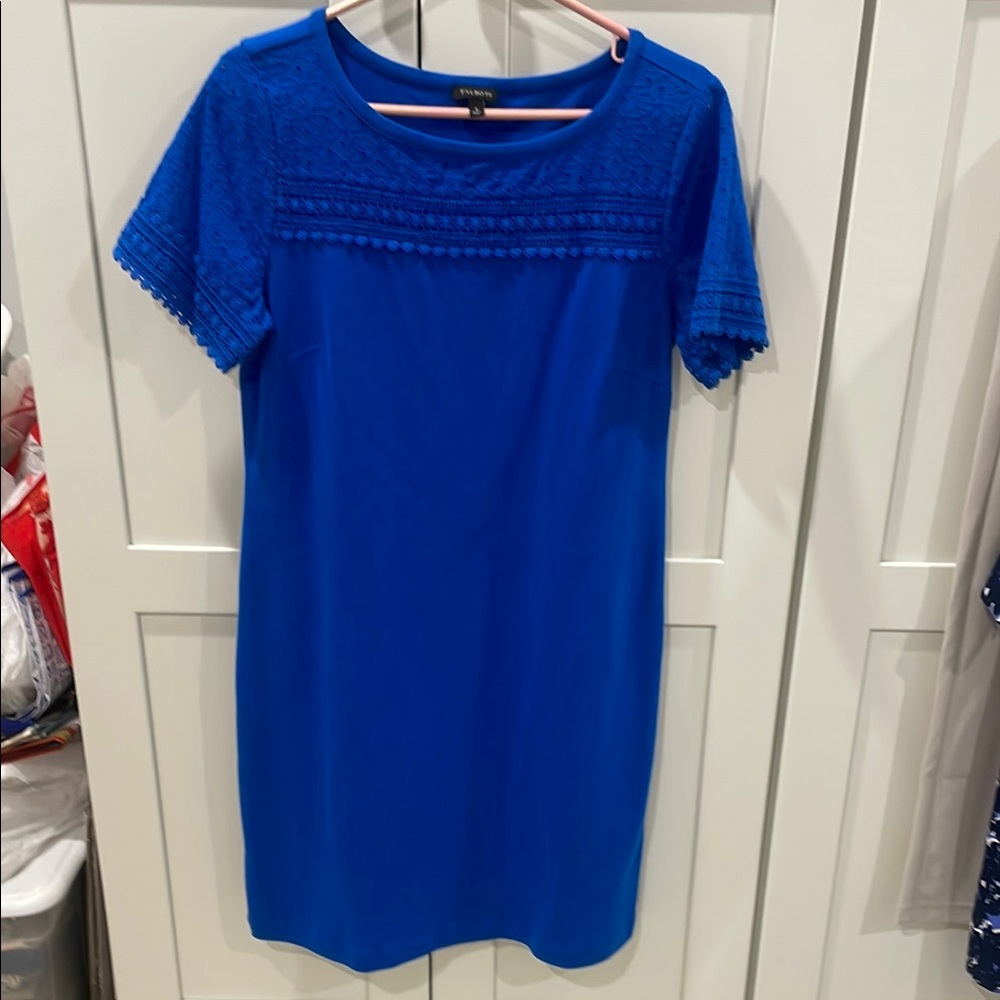 Talbots 100% cotton shift dress, royal blue, cotton lace trim and sleeves, sz sm